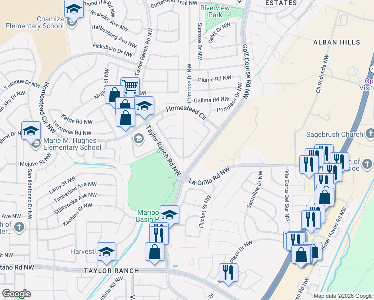 map of restaurants, bars, coffee shops, grocery stores, and more near 6520 Mesa Solana Place Northwest in Albuquerque