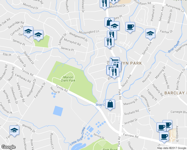 map of restaurants, bars, coffee shops, grocery stores, and more near 1325 Cortland Road in Charlotte