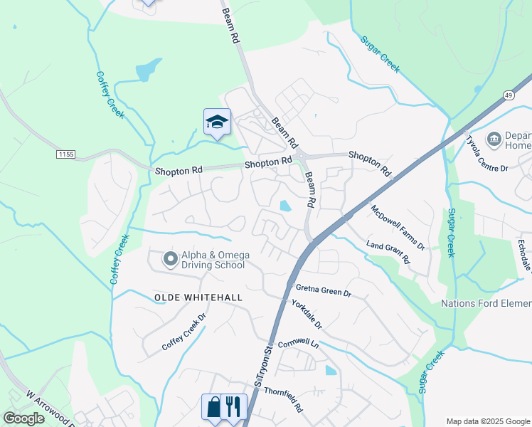 map of restaurants, bars, coffee shops, grocery stores, and more near 2301 Lawry Run Drive in Charlotte