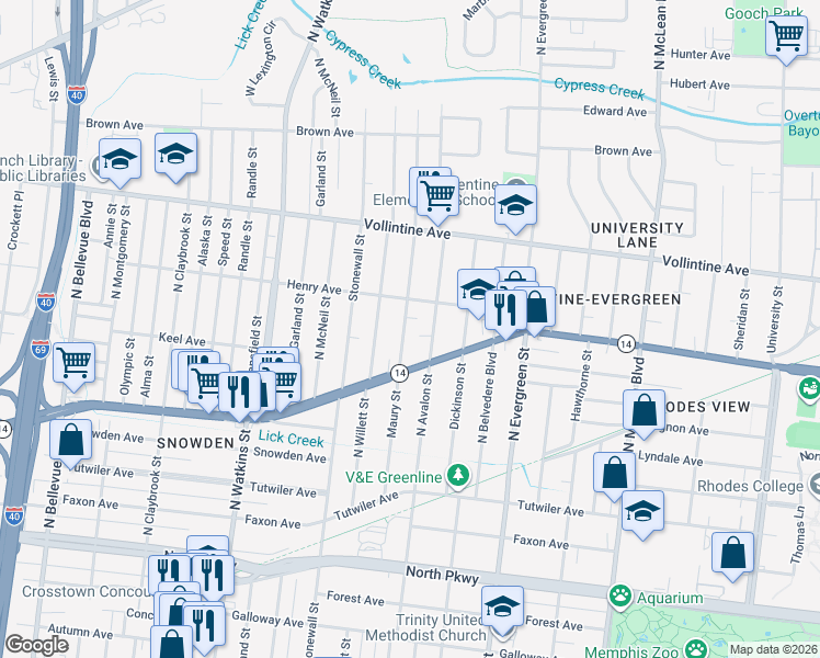 map of restaurants, bars, coffee shops, grocery stores, and more near 839 Maury Street in Memphis