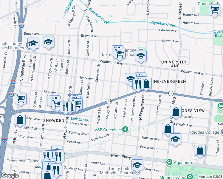 map of restaurants, bars, coffee shops, grocery stores, and more near 839 Maury Street in Memphis