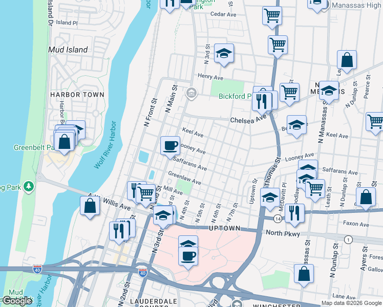 map of restaurants, bars, coffee shops, grocery stores, and more near in Memphis