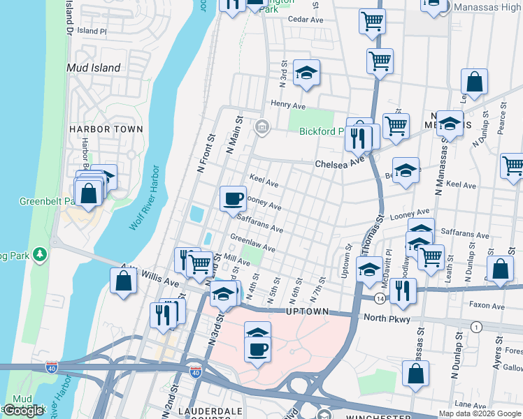map of restaurants, bars, coffee shops, grocery stores, and more near in Memphis