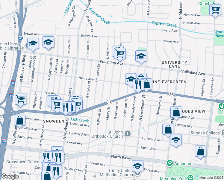 map of restaurants, bars, coffee shops, grocery stores, and more near 839 Maury Street in Memphis
