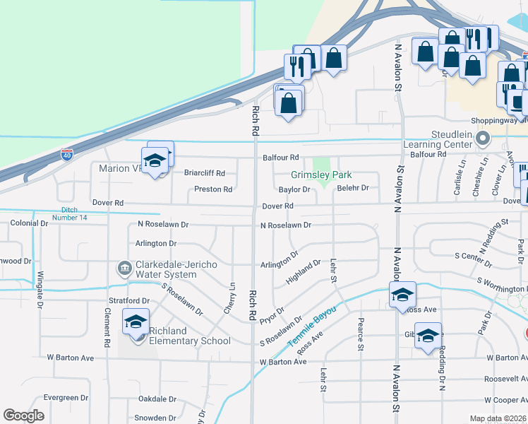 map of restaurants, bars, coffee shops, grocery stores, and more near 705 Dover Road in West Memphis