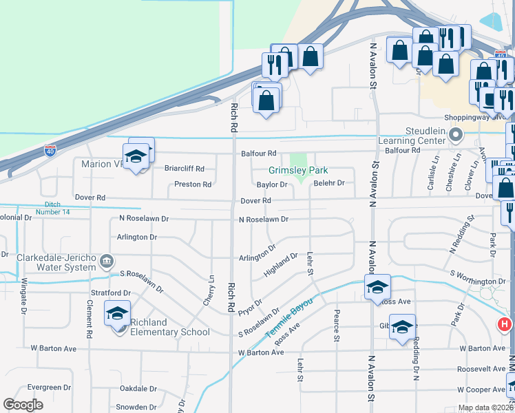 map of restaurants, bars, coffee shops, grocery stores, and more near 705 Dover Road in West Memphis