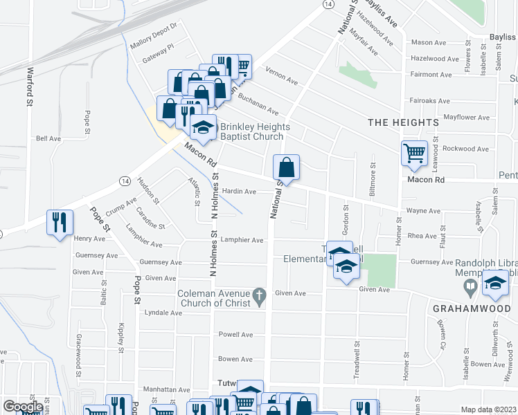 map of restaurants, bars, coffee shops, grocery stores, and more near 3384 Harmony Court in Memphis