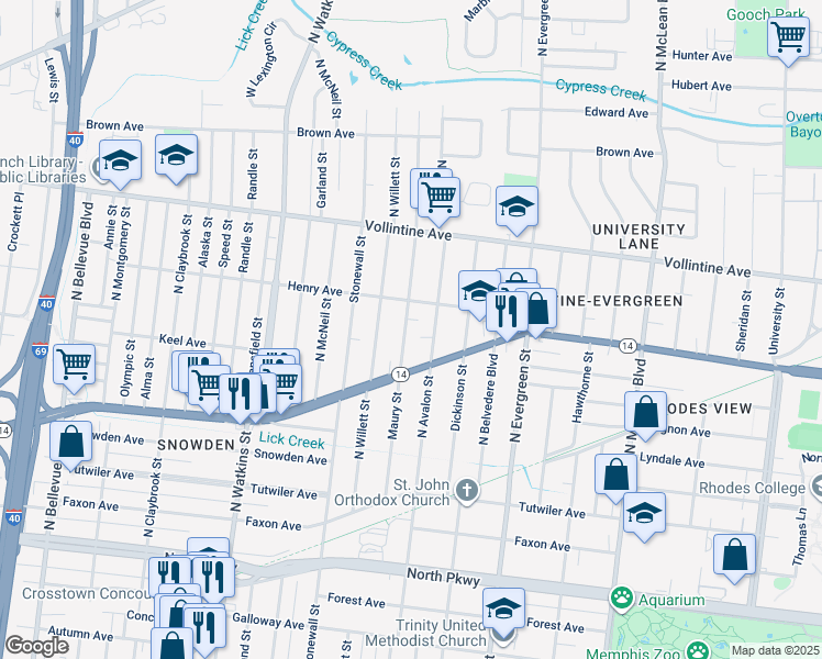map of restaurants, bars, coffee shops, grocery stores, and more near 839 Maury Street in Memphis