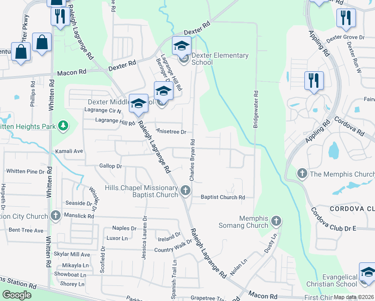map of restaurants, bars, coffee shops, grocery stores, and more near 7100 Amberly Way Drive in Shelby County