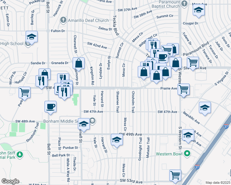 map of restaurants, bars, coffee shops, grocery stores, and more near 5001-5099 Southwest 45th Avenue in Amarillo