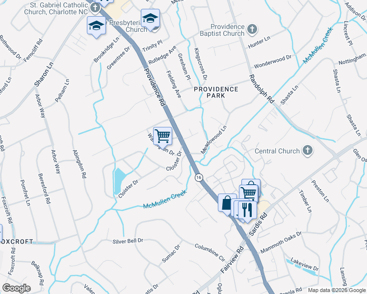 map of restaurants, bars, coffee shops, grocery stores, and more near 3904 Providence Road in Charlotte