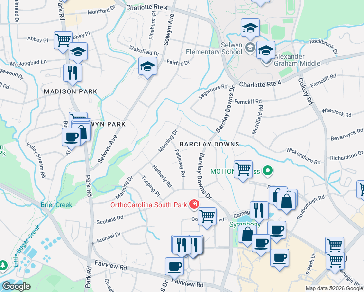 map of restaurants, bars, coffee shops, grocery stores, and more near 600 Manning Drive in Charlotte