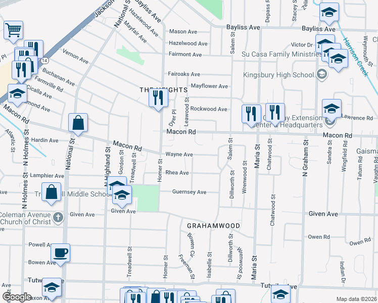 map of restaurants, bars, coffee shops, grocery stores, and more near 3706 Wayne Avenue in Memphis