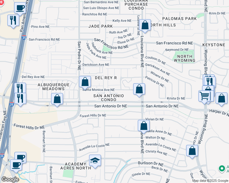 map of restaurants, bars, coffee shops, grocery stores, and more near 6932 Walnut Creek Road Northeast in Albuquerque