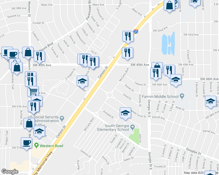 map of restaurants, bars, coffee shops, grocery stores, and more near 4533 Canyon Drive in Amarillo