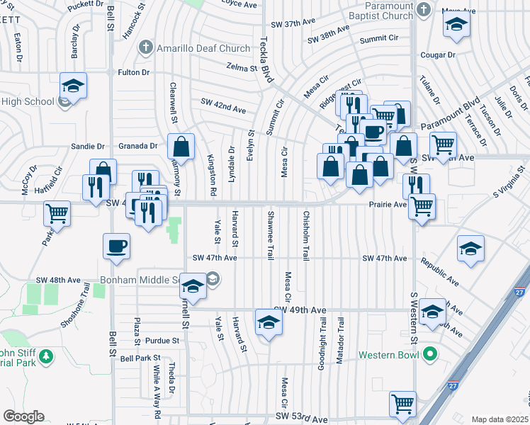 map of restaurants, bars, coffee shops, grocery stores, and more near 5001-5099 Southwest 45th Avenue in Amarillo