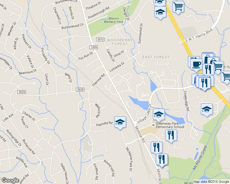 map of restaurants, bars, coffee shops, grocery stores, and more near 7905 Princess Ann Drive in Charlotte