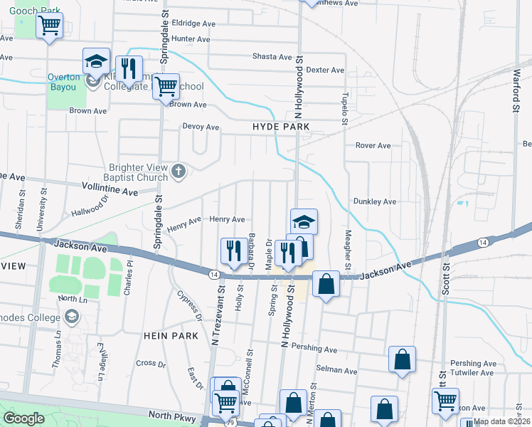 map of restaurants, bars, coffee shops, grocery stores, and more near 941 Maple Drive in Memphis