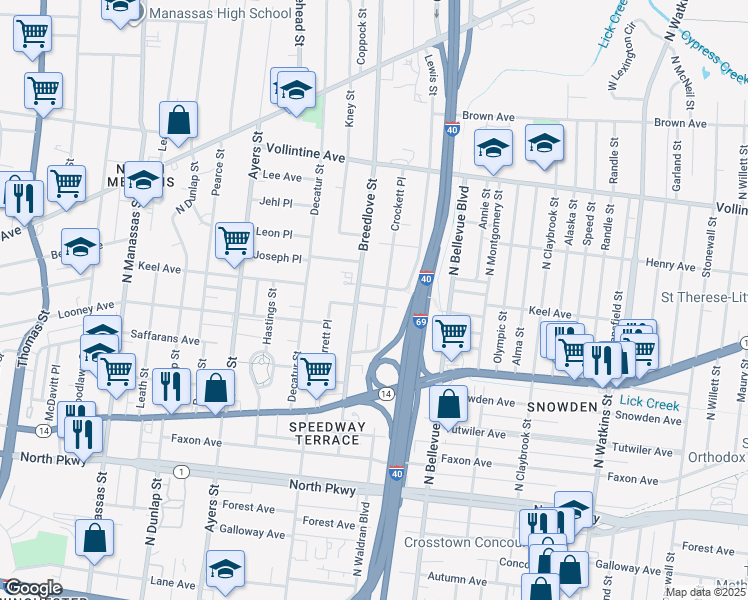 map of restaurants, bars, coffee shops, grocery stores, and more near 790 Breedlove Street in Memphis
