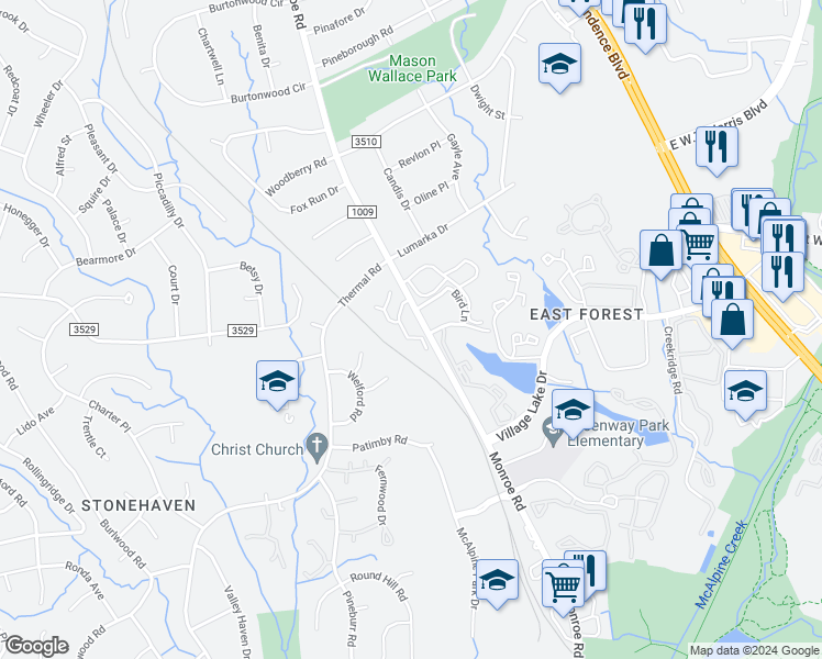 map of restaurants, bars, coffee shops, grocery stores, and more near 8003 Princess Ann Drive in Charlotte