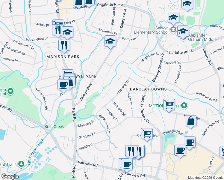map of restaurants, bars, coffee shops, grocery stores, and more near 2200 Inverness Road in Charlotte