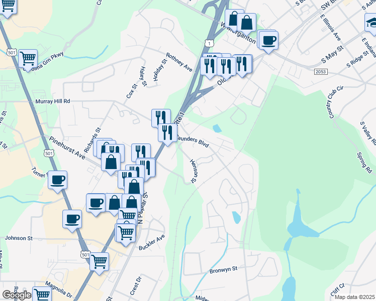 map of restaurants, bars, coffee shops, grocery stores, and more near 225 Henson Street in Southern Pines