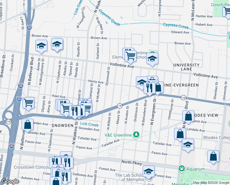 map of restaurants, bars, coffee shops, grocery stores, and more near 826 North Willett Street in Memphis