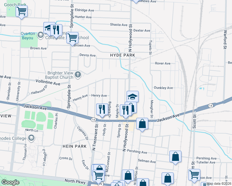 map of restaurants, bars, coffee shops, grocery stores, and more near 941 Maple Drive in Memphis