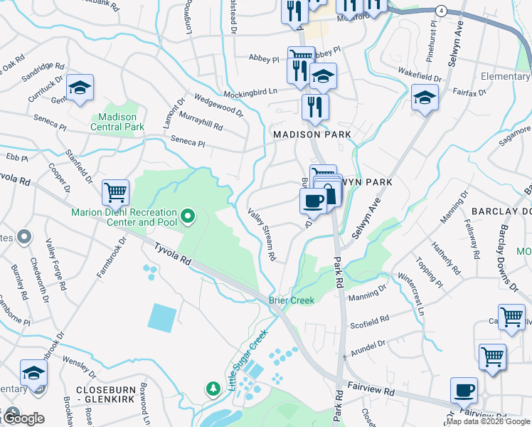 map of restaurants, bars, coffee shops, grocery stores, and more near 1325 Cortland Road in Charlotte