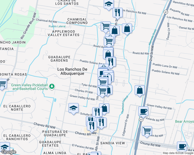 map of restaurants, bars, coffee shops, grocery stores, and more near 411 Bledsoe Road Northwest in Los Ranchos de Albuquerque