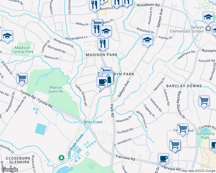 map of restaurants, bars, coffee shops, grocery stores, and more near 5110 Park Road in Charlotte