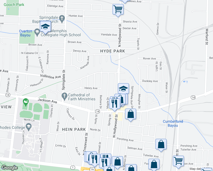 map of restaurants, bars, coffee shops, grocery stores, and more near 929 Maple Drive in Memphis