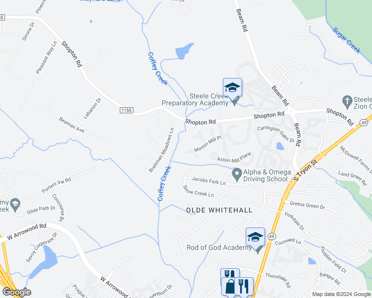 map of restaurants, bars, coffee shops, grocery stores, and more near 2626 Mason Mill Place in Charlotte