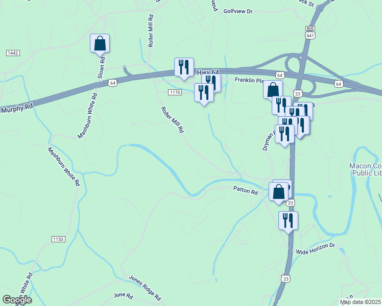 map of restaurants, bars, coffee shops, grocery stores, and more near 727 Roller Mill Road in Franklin
