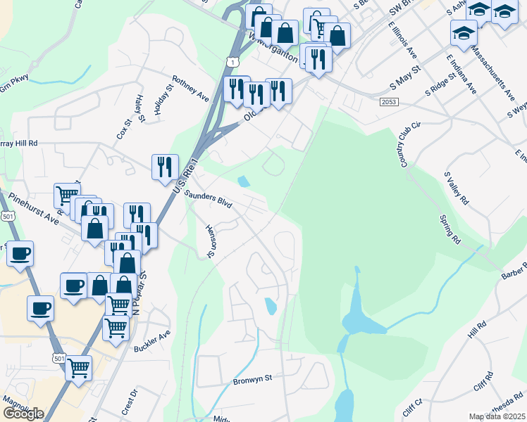 map of restaurants, bars, coffee shops, grocery stores, and more near 27 Hutchinson Road in Southern Pines