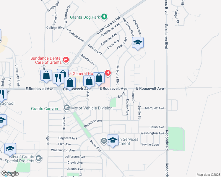 map of restaurants, bars, coffee shops, grocery stores, and more near 1216 Roosevelt Avenue in Grants