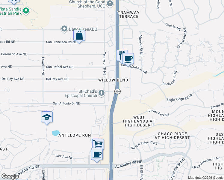 map of restaurants, bars, coffee shops, grocery stores, and more near 2129 Globe Willow Avenue Northeast in Albuquerque