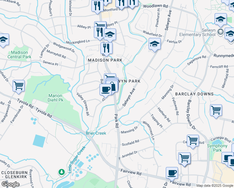 map of restaurants, bars, coffee shops, grocery stores, and more near 5055 Park Road in Charlotte