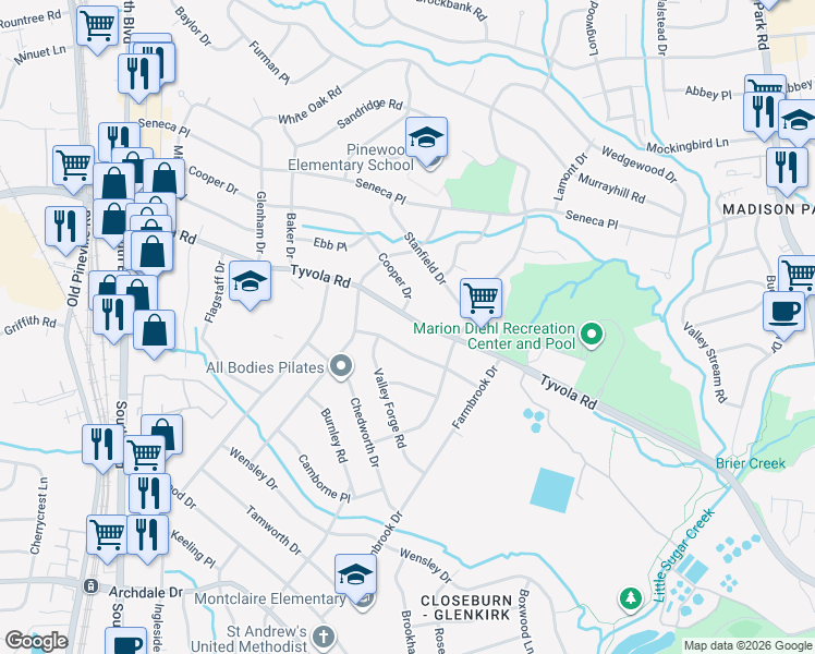 map of restaurants, bars, coffee shops, grocery stores, and more near in Charlotte