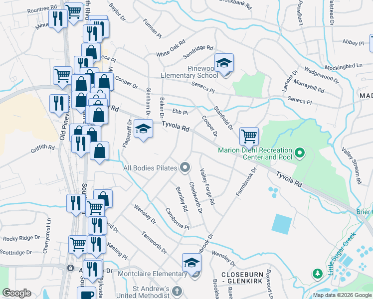 map of restaurants, bars, coffee shops, grocery stores, and more near 5229 Londonderry Road in Charlotte