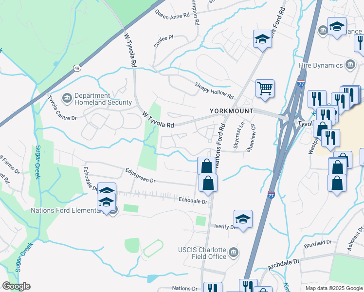 map of restaurants, bars, coffee shops, grocery stores, and more near 1111 Sharview Circle in Charlotte