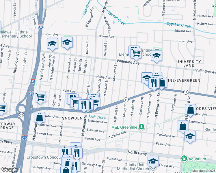 map of restaurants, bars, coffee shops, grocery stores, and more near 829 North McNeil Street in Memphis