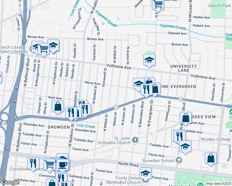 map of restaurants, bars, coffee shops, grocery stores, and more near 839 Maury Street in Memphis
