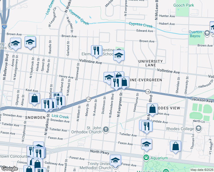 map of restaurants, bars, coffee shops, grocery stores, and more near 840 Dickinson Street in Memphis