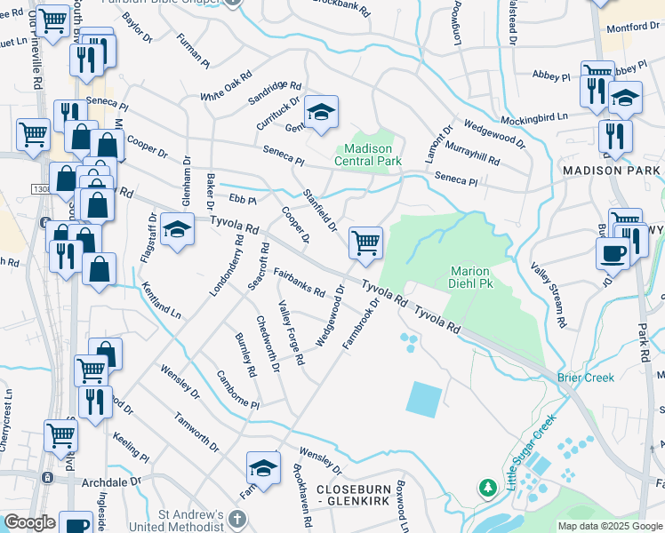 map of restaurants, bars, coffee shops, grocery stores, and more near 2033 Tyvola Road in Charlotte