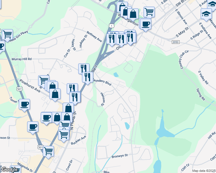 map of restaurants, bars, coffee shops, grocery stores, and more near 270 Saunders Boulevard in Southern Pines