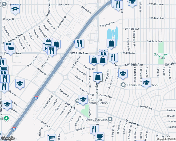 map of restaurants, bars, coffee shops, grocery stores, and more near 2803 Lawton Drive in Amarillo