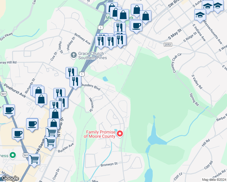 map of restaurants, bars, coffee shops, grocery stores, and more near 27 Hutchinson Road in Southern Pines