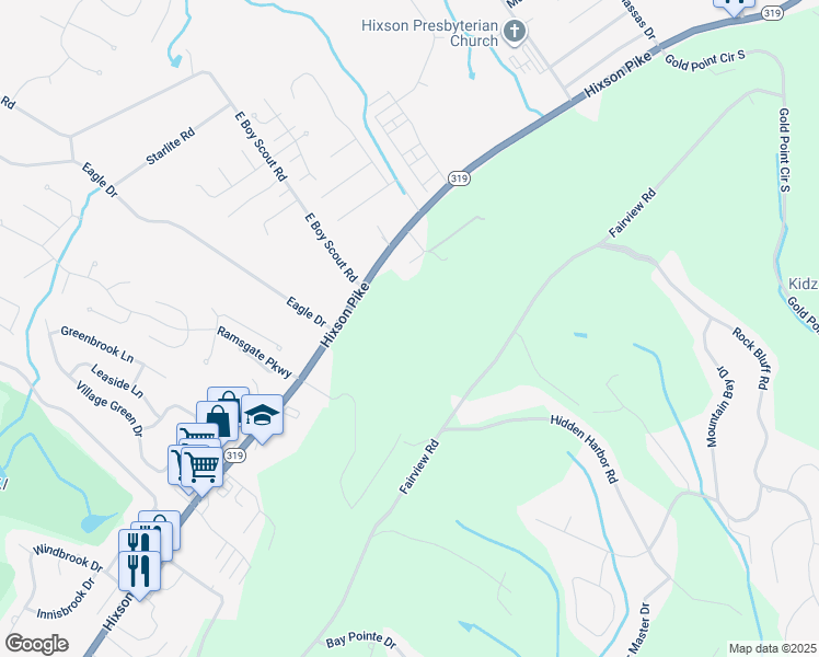 map of restaurants, bars, coffee shops, grocery stores, and more near 6541 Fairview Road in Chattanooga