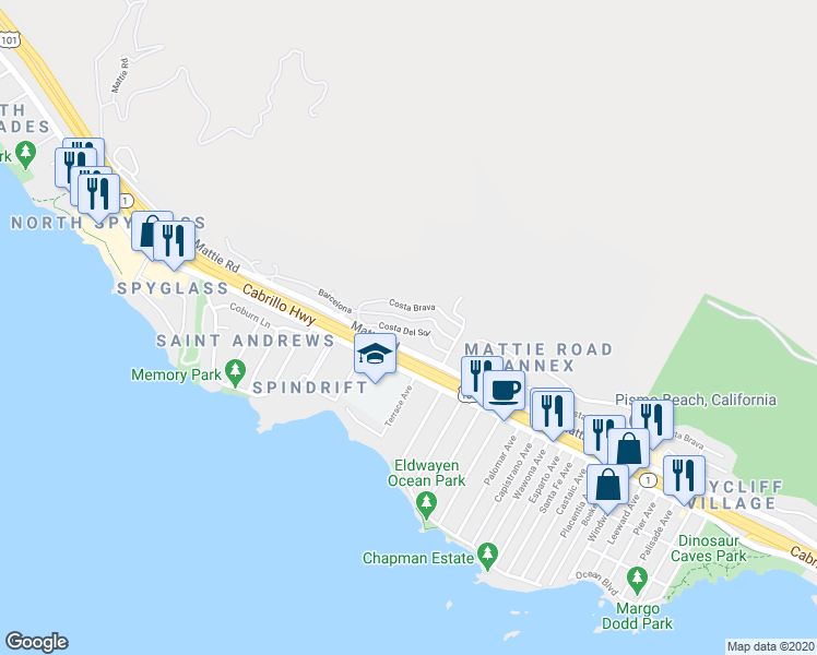 map of restaurants, bars, coffee shops, grocery stores, and more near 2014 Costa del Sol in Pismo Beach